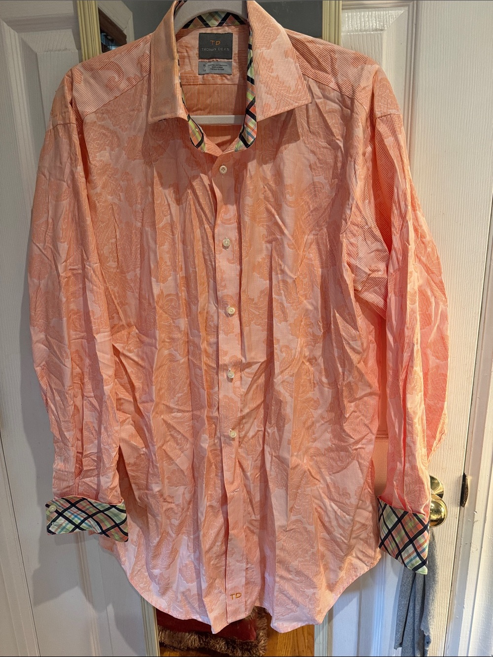 Thomas Dean Peach Floral Button-Down Shirt with Plaid Trim